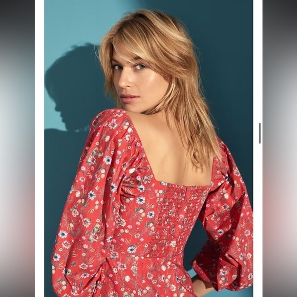 Cara Cara- Red Floral Montauk Long Puff Sleeve Mini Dress - Picture 3 of 6